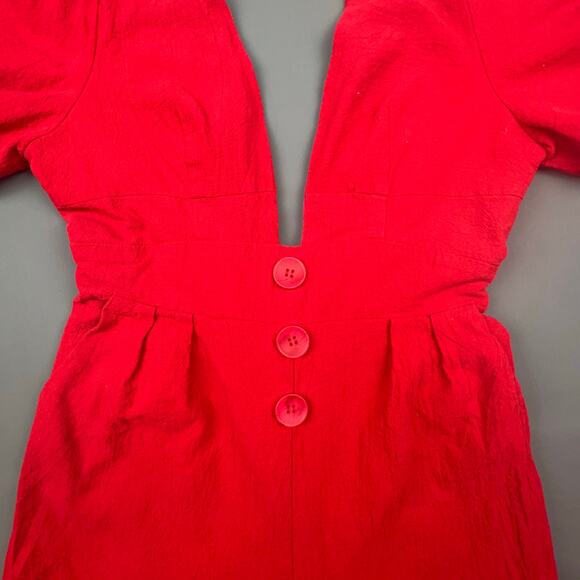 Mulla Red Linen Jumpsuit | Puff Sleeves Deep V Tie Back | Size M - Picture 4 of 10